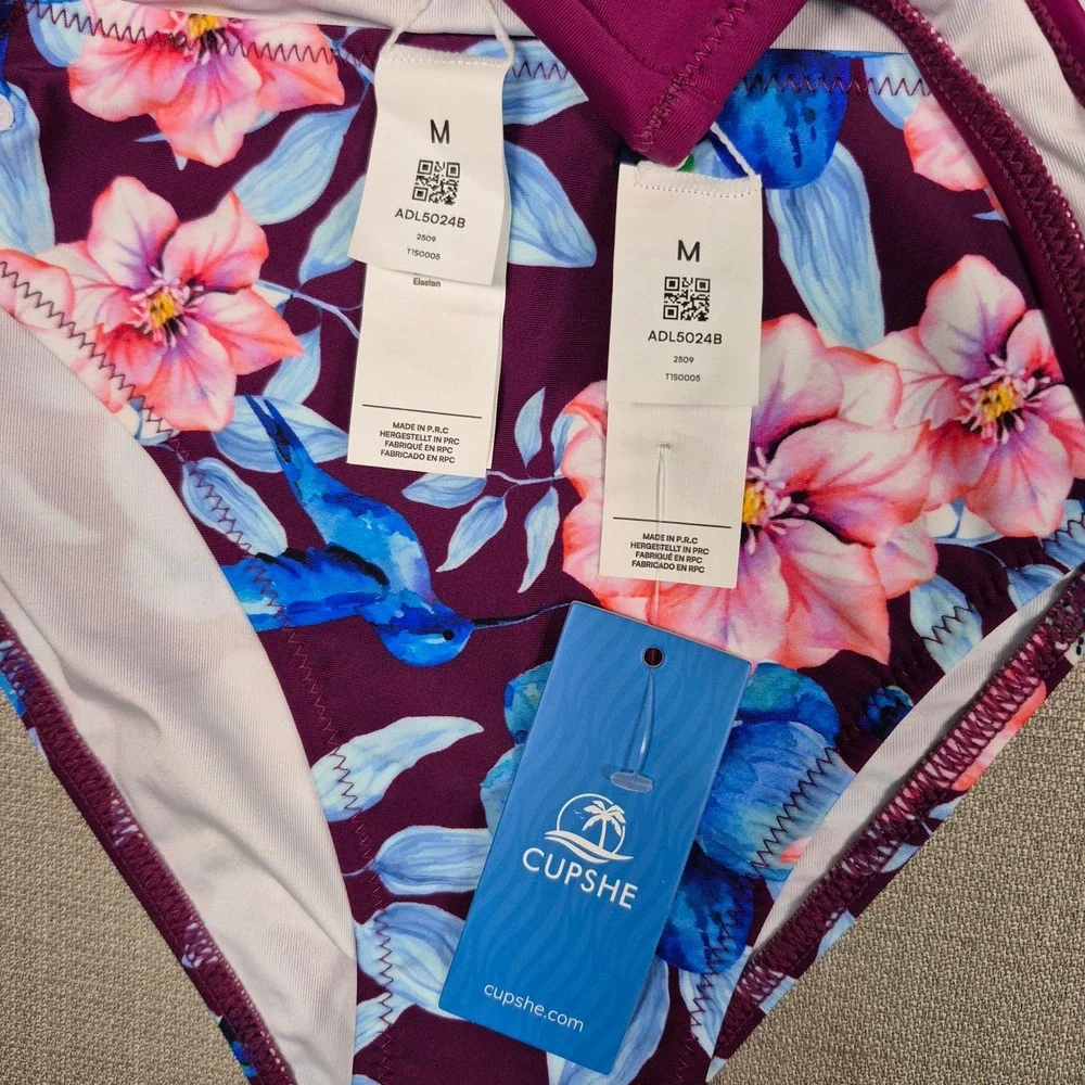 Cupshe Womens Bikini Set Plum Purple Floral Wrap Lace Up Side Tie M ADL5024B NWT